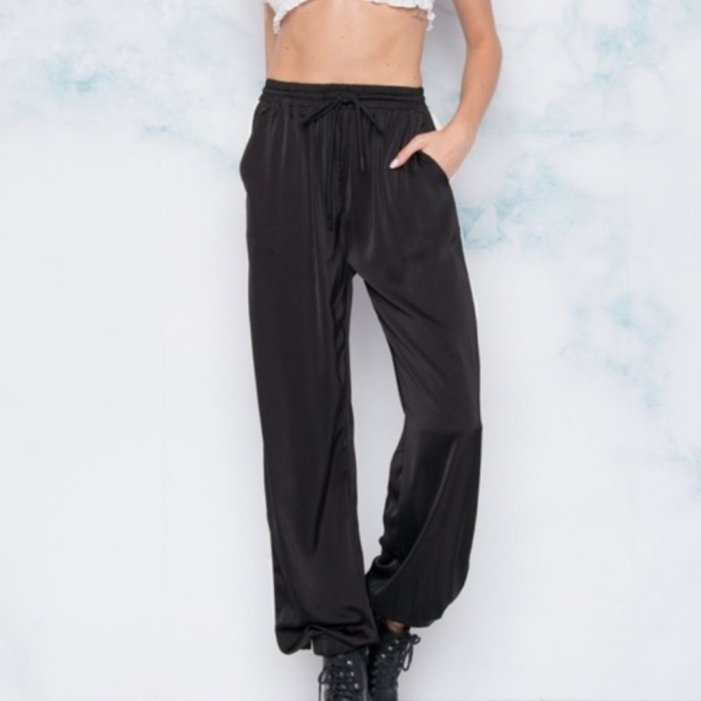 Solaris Style Satin High Waist High Rise Joggers with Yellow Stripe Panel - Picture 1 of 4